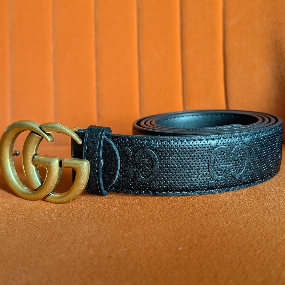 Gucci Marmont Embossed Black Leather Belt with Gold Buckle - Picture 2 of 5